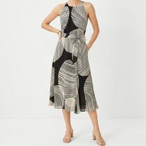 Ann Taylor Halter Modern Geometric Print Silk Dress with Tie Waist - Size 4